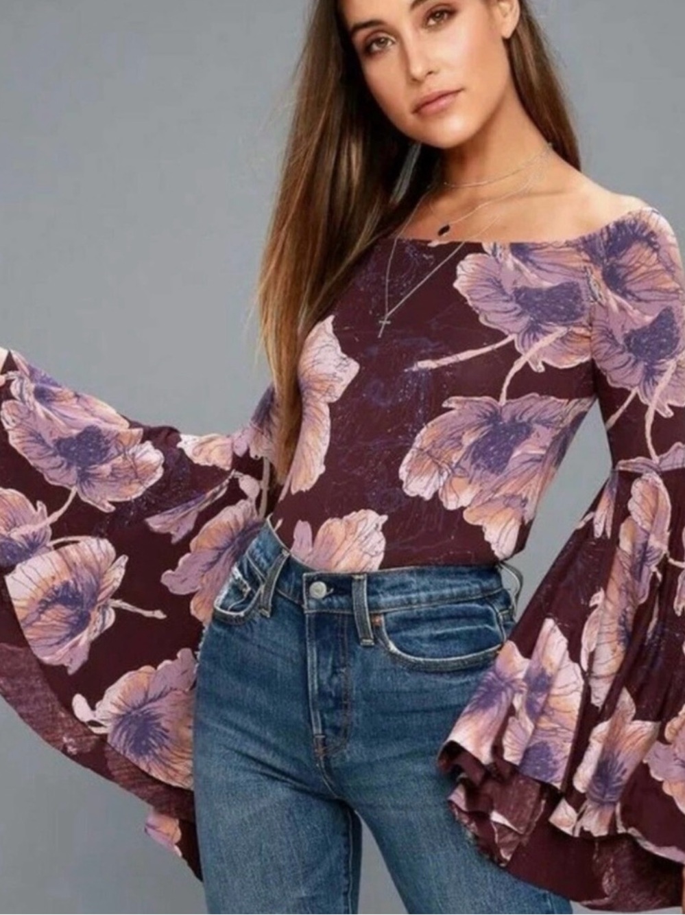 Free People Plum Floral Off-Shoulder Bell-Sleeve Top